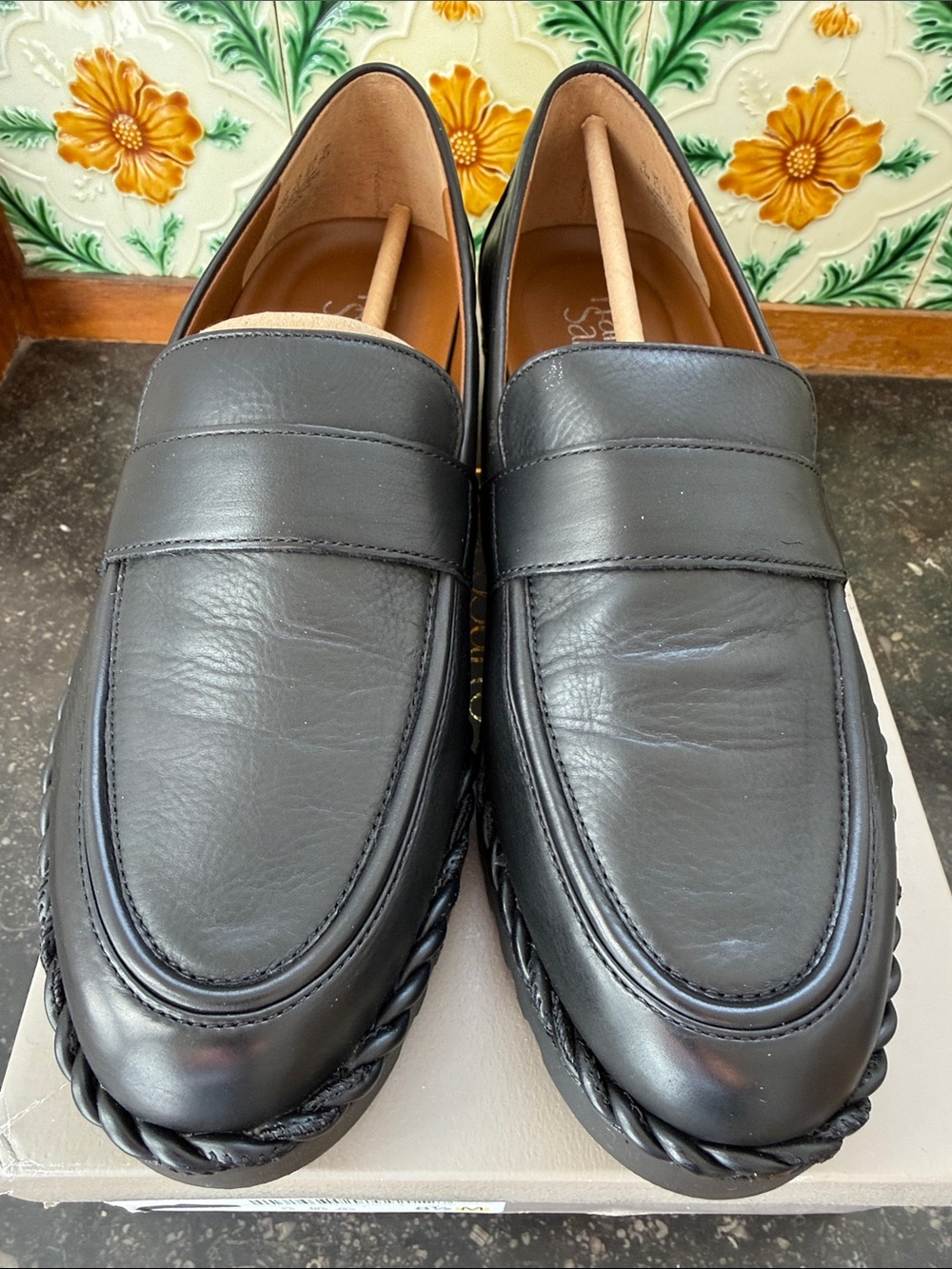 Franco Sarto Black Leather Penny Loafers with Braided Trim